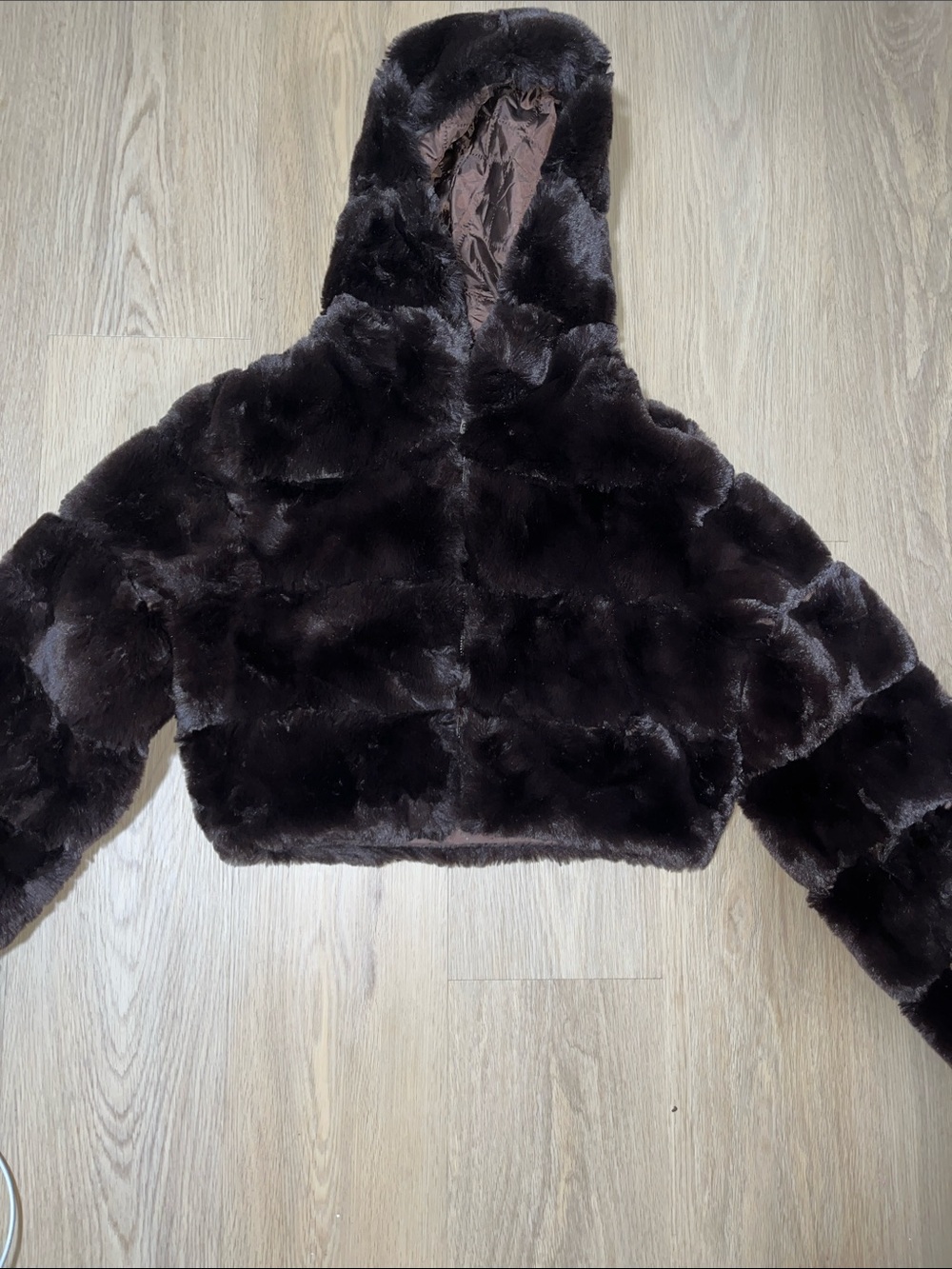 36 Point 5 Dark Brown Faux Fur Cropped Hooded Puffer Jacket